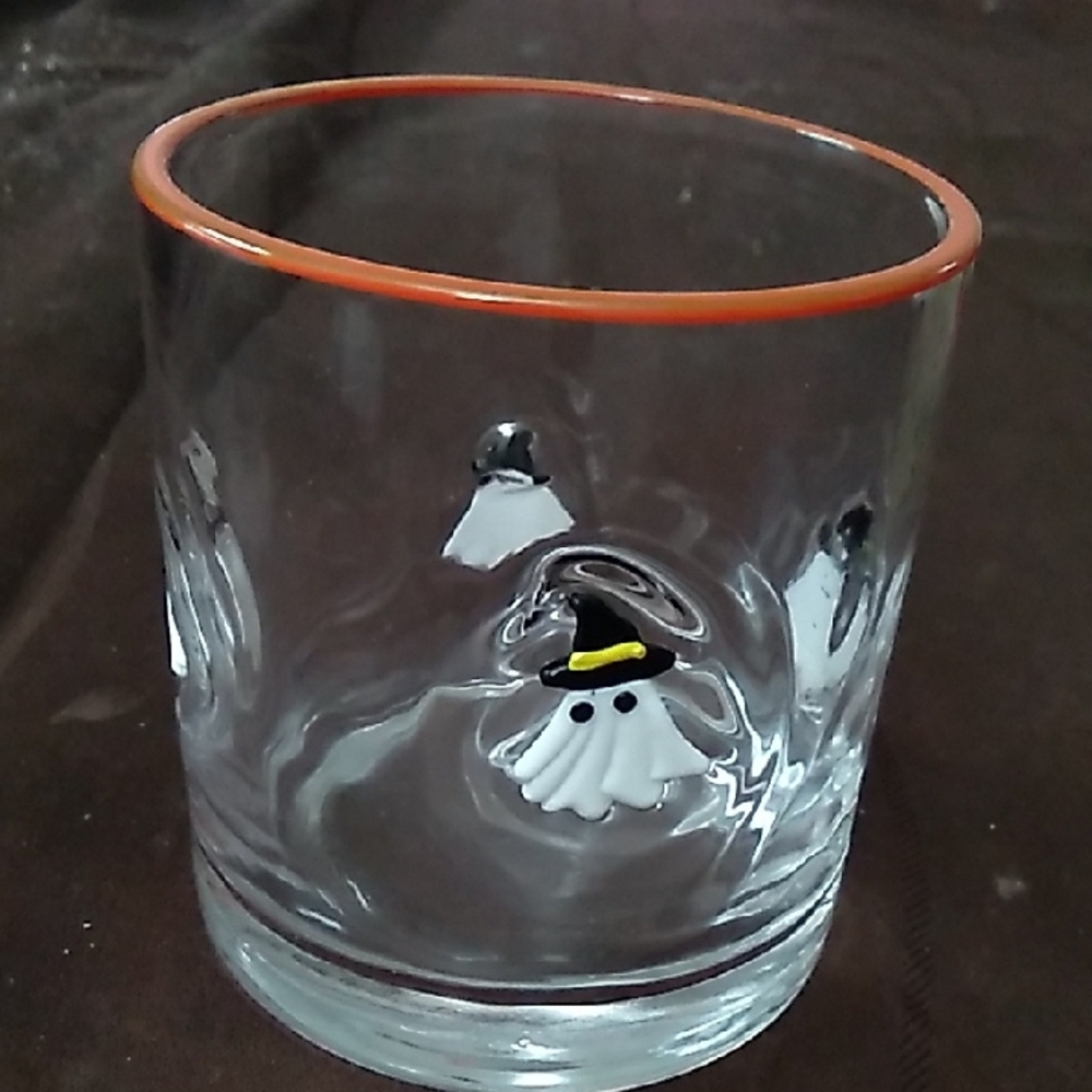 Clear Glass Tumbler with Orange Rim and Ghost Accent New Never Used